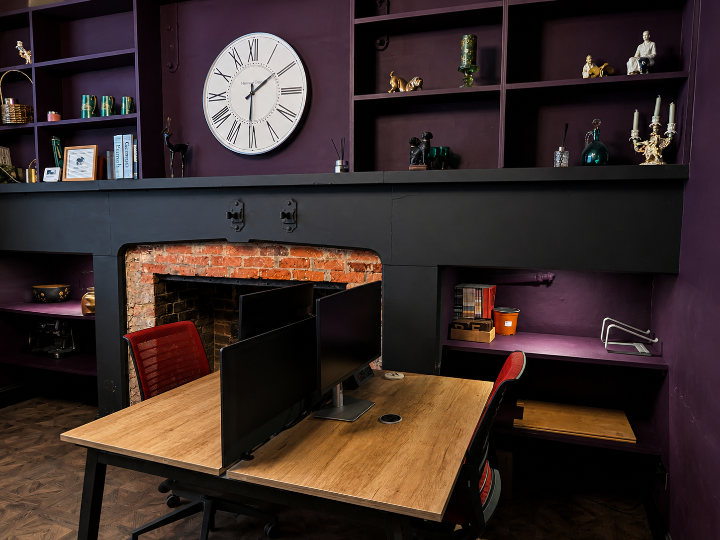 Desks by the fireplace
